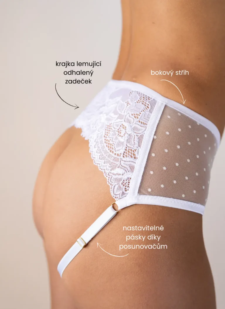 Erotické kalhotky s odhaleným klínem crotchlessky Purly bílý puntík s krajkou pohled z boku