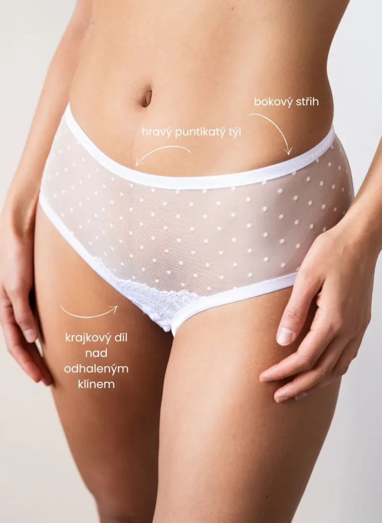 Erotické kalhotky s odhaleným klínem crotchlessky Purly bílý puntík s krajkou přední díl