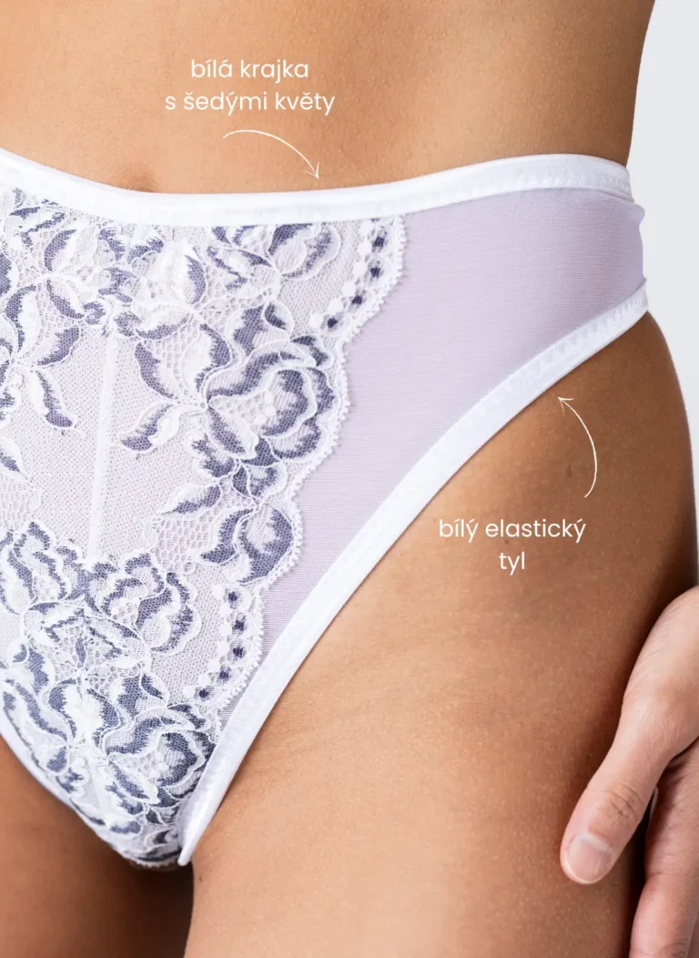 Erotické kalhotky crotchlessky Veneris - bílá krajka s šedými květy - detail přední díl