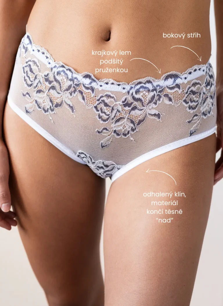 Erotické kalhotky crotchlessky Purly - bílá krajka s šedými květy - pohled zpředu