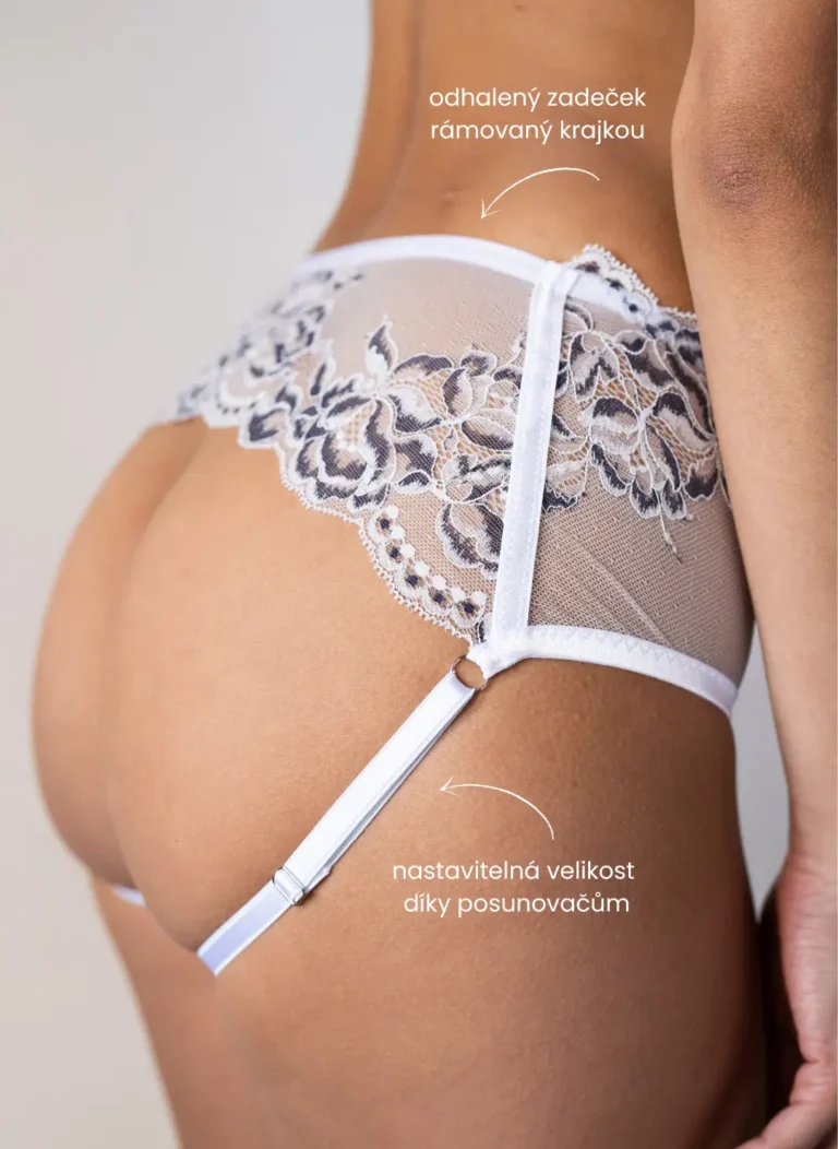 Erotické kalhotky crotchlessky Purly - bílá krajka s šedými květy - pohled z boku