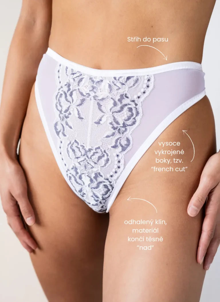 Erotické kalhotky crotchlessky Veneris - bílá krajka s šedými květy - přední díl